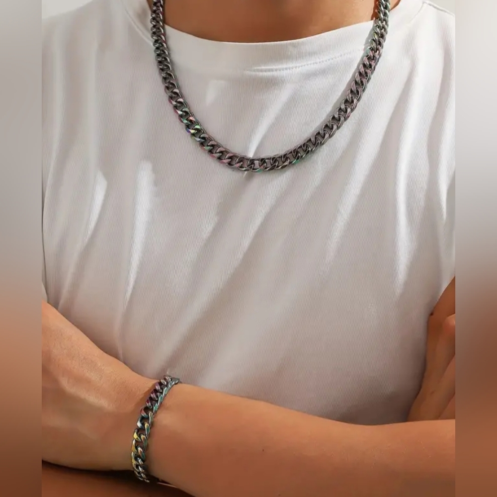 New! MEN'S Black Rainbow Stainless Steel Cuban Link Necklace & Bracelet Set.
